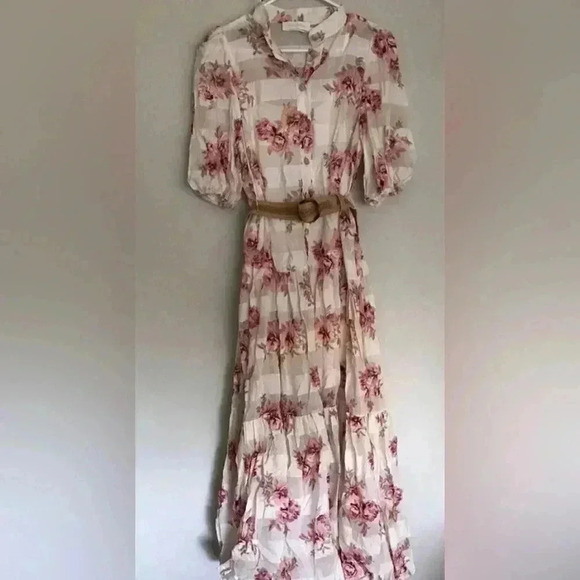 Zimmermann Rosa Midi Dress 2 US 8 M Silk Cotton Floral Stripe Tiered Belted Maxi - Picture 7 of 16